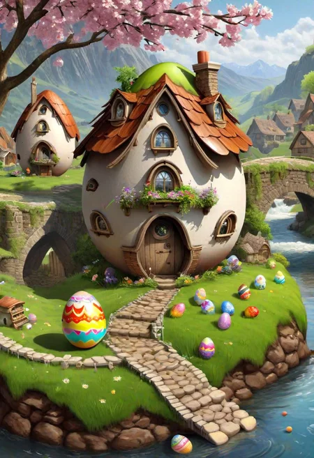 ((masterpiece, best quality)), high resolution, 32k picture, professional render, trending on artstation, 
Easter Egg Home, outdoors, nature, flower, window, grass, door,  village, a village of egg houses near a babbling brook, waterfall, bridge,