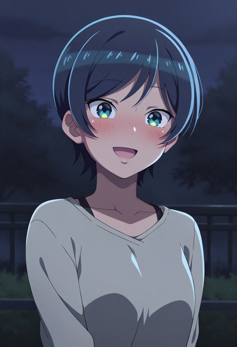 masterpiece,best quality,amazing quality, jinnouchi kaoruko, short hair, dark blue hair, green eyes, solo, 1girl, night, blue eyes, open mouth, smile, outdoors, blush, anime coloring