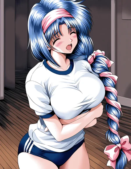 score_9, score_8_up, score_7_up, source_anime, rating_explicit, BREAK  <lora:Nikaidou_Honoka_XL:1> NikaidouHonoka,  blue hair, long hair, large breasts, pink hairband, closed eyes, pink hair ribbon, single braid,
dark blue buruma, blush, white gym uniform,  cowboy Shot, 
open mouth, cross arm,
looking at viewer, 
cowboyShot, 
flooring, room,