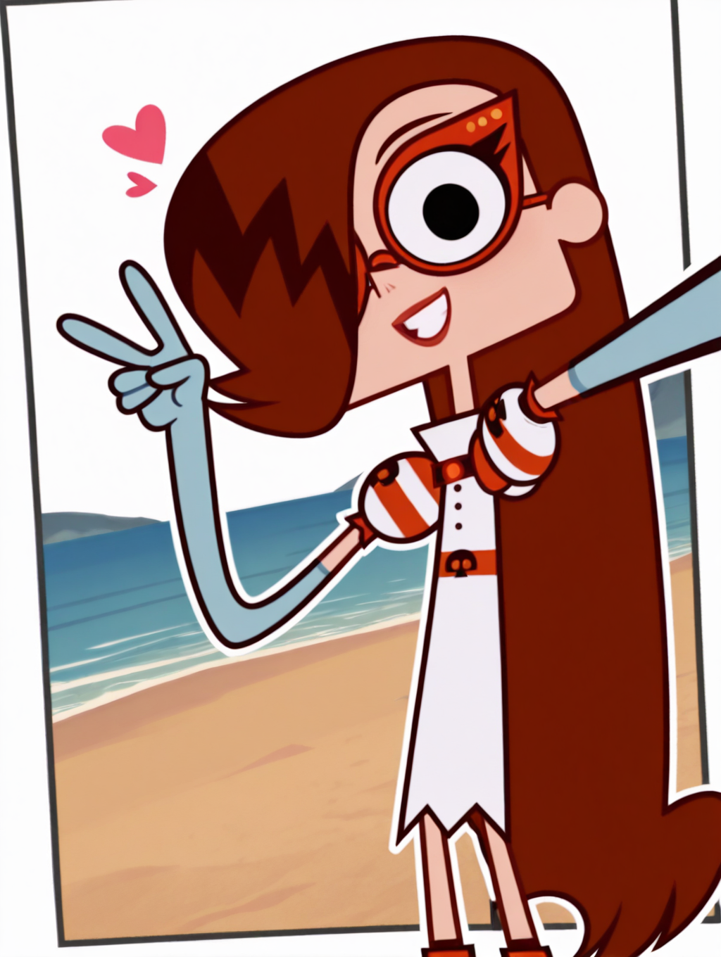 MandyStructionZYN, 1girl, solo, black eyes, brown hair, long hair, one eye covered, hair over one eye, glasses, red-framed eyewear, red lips, White dress, boots, long gloves, cowboy shot, looking at viewer, beautiful, ((beautiful face, beautiful eyes)), (smile, dutch angle, naughty pose, cute, open mouth, :d, grin, looking at viewer, heart, selfie, arm up, foreshortening, looking at viewer, outstretched arm, v, hand up, reaching, reaching towards viewer, smile, beach, open mouth, solo, dynamic pose, full_body, head tilt,),((white background, White frame, white outline)),from direct beiow,(((from below:1.5))),
