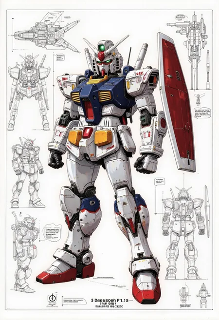 This image provides an exceptional level of technical detail and a view of the highly detailed, high quality, expertly drawn design of the Mobile Suit Gundam MK II (white mecha),shield,ben's weapon,(worst quality, low quality: 1 ,4), bokeh, low resolution. , text, signature, sketch, watermark, artist name, speech bubble, blur The central focus is the aggressive and dynamic exterior of the mecha with its bold color scheme, intricate aerodynamic bodywork and prominent gundam decoration. Surrounding Gundam are detailed engineering drawings, schematics and dimensional diagrams that reveal the sophisticated design and engineering principles underlying the construction of the vehicle. Accurate technical renderings show the complex suspension geometry, intricate
<lora:Dieselcore:0.7><lora:Glitchcore_Flux:0.4>
