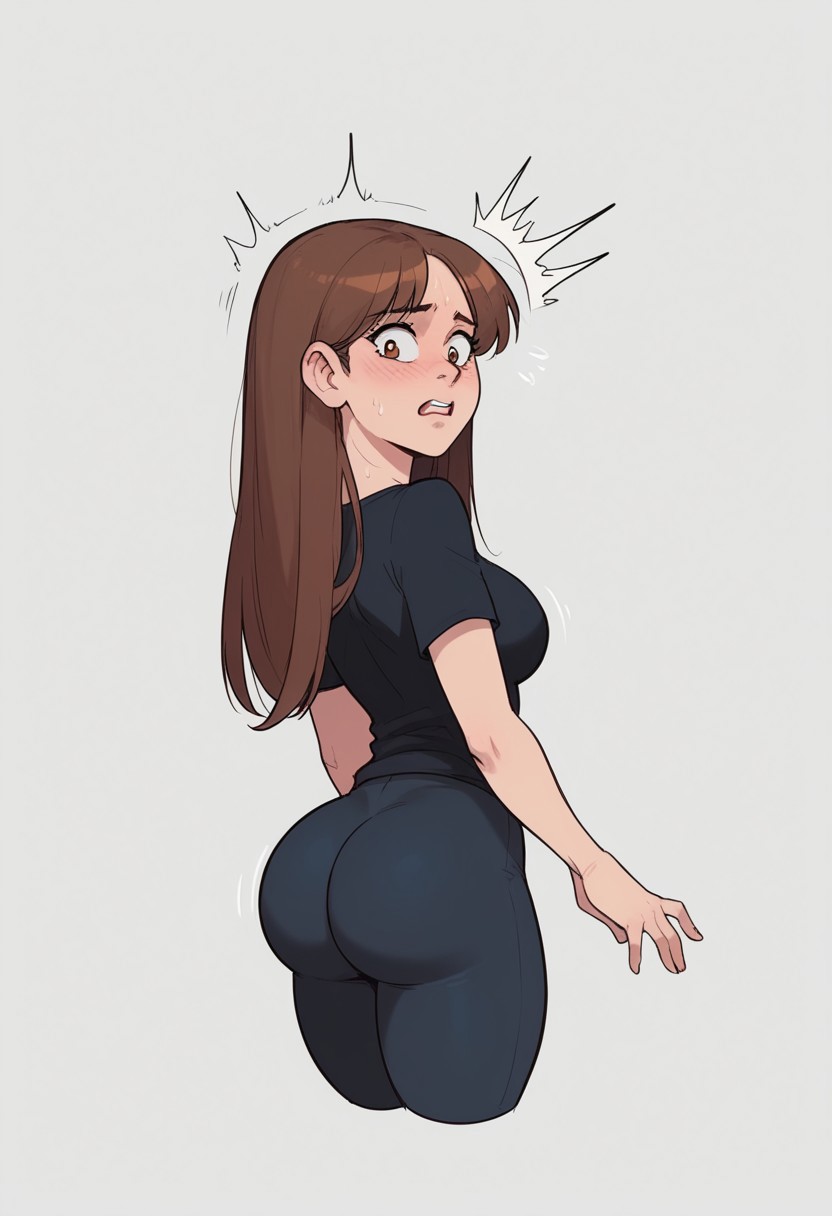 score_9, score_8_up, score_7_up, score_6_up, masterpiece, perfect, best quality, perfect anatomy, 1 girl, long hair, hair down, brown hair, brown eyes, petite, small breast, 28yo female, cute female, very thick thighs, huge ass, large breasts, (upper body focus:1.4), shocked female, standing, black yoga pants, black shirt, ass view