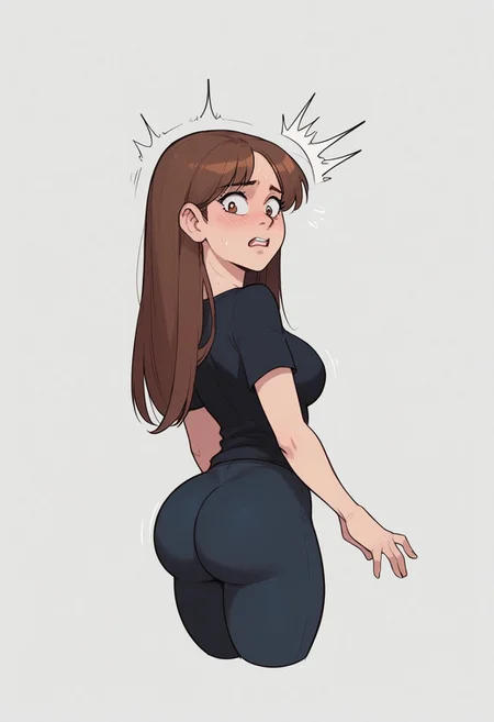 score_9, score_8_up, score_7_up, score_6_up, masterpiece, perfect, best quality, perfect anatomy, 1 girl, long hair, hair down, brown hair, brown eyes, petite, small breast, 28yo female, cute female, very thick thighs, huge ass, large breasts, (upper body focus:1.4), shocked female, standing, black yoga pants, black shirt, ass view