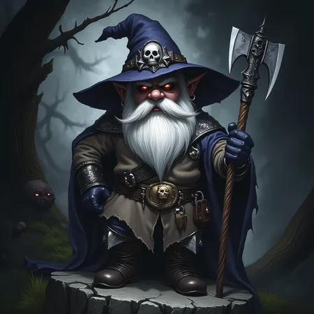 ArsMJStyle, dnddarkestfantasy,Gnome, The image is a digital illustration of a gnome sitting on a rock in a dark and eerie forest. The gnome has a long white beard and a pointed hat with a skull and crossbones emblem on it. He is holding a large axe in his right hand and has a menacing expression on his face. The background is filled with dark and ominous foliage with a hint of smoke and fog. The overall mood of the image is dark and foreboding., hat, 1boy, facial hair, solo, male focus, beard, witch hat, staff, pointy ears, skull, belt, glowing, holding, white hair, glowing eyes, cape, wizard, boots, mushroom, old man, standing, gloves, wizard hat, old, mustache, rock, tree, dnddarkestfantasy