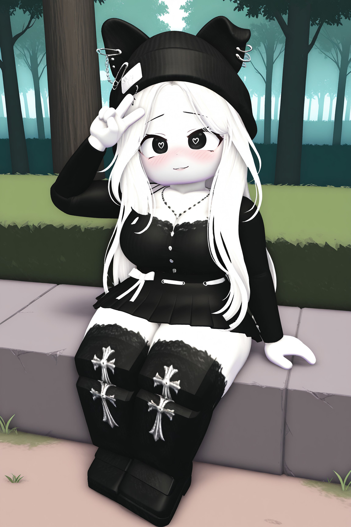 masterpiece,best quality,amazing quality, BREAK, TheBrayanVTOCILXL, white skin, colored skin, black eyes, heart-shaped pupils, white hair, long hair, parted bangs, black beanie, animal ears, black ears, ears through headwear, ear piercing, large breasts, necklace, black shirts, long sleeves, white ribbon, black skirt, black thighhighs, black shoes, solo, sitting, above view, peace sign, seductive smile, looking at viewer, naughty face, nose blush, forest, tree  <lora:TheBrayanVTOCILXL:1>