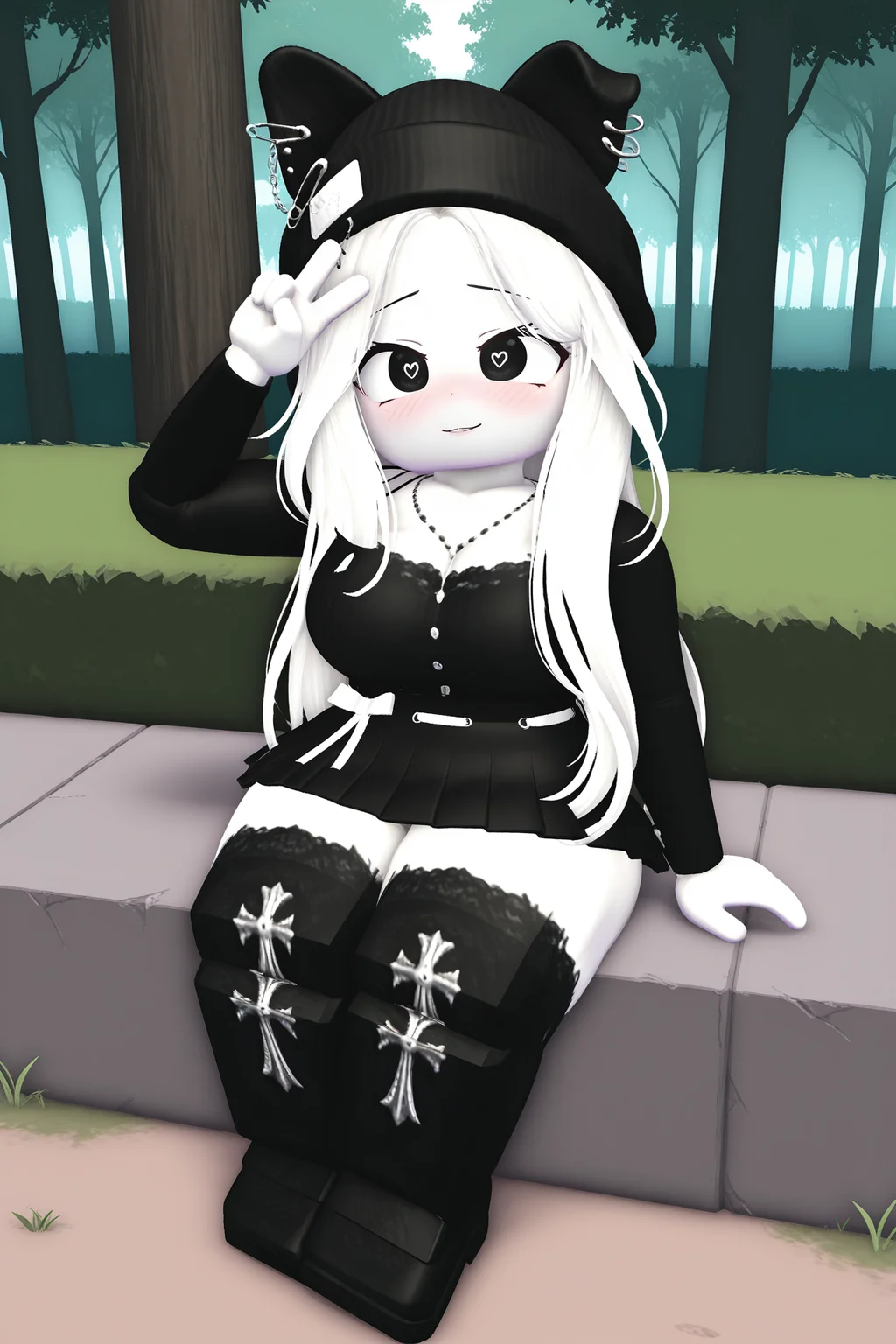 masterpiece,best quality,amazing quality, BREAK, TheBrayanVTOCILXL, white skin, colored skin, black eyes, heart-shaped pupils, white hair, long hair, parted bangs, black beanie, animal ears, black ears, ears through headwear, ear piercing, large breasts, necklace, black shirts, long sleeves, white ribbon, black skirt, black thighhighs, black shoes, solo, sitting, above view, peace sign, seductive smile, looking at viewer, naughty face, nose blush, forest, tree <lora:TheBrayanVTOCILXL:1>