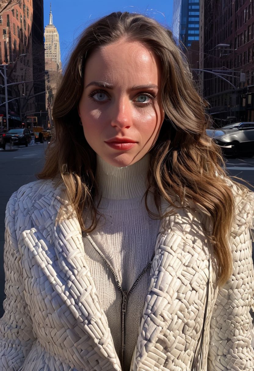 8k, RAW photo, highest quality), beautiful (white skin woman),  outfit , (detailed eyes:0., (looking at the camera:1.4), (high-resolution image), (best shadow) , skin textures, intricate details,, do shopping in new york