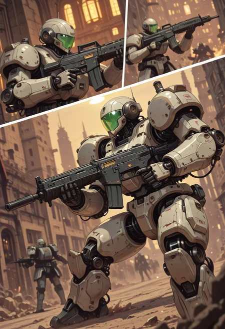masterpiece, best quality, good quality, very aesthetic, absurdres, newest, 8K, depth of field, focused subject, in the style of cknc, artist:moriimee, in the style of cksc,  BREAK 4-panel manga page, multiple views, asymmetrical panels, diagonal panel breaks, battle robot, robot joints, white plated armour, holding assault rifle, battle stance, dynamic angle, ancient fantasy city, directional lighting, detailed face