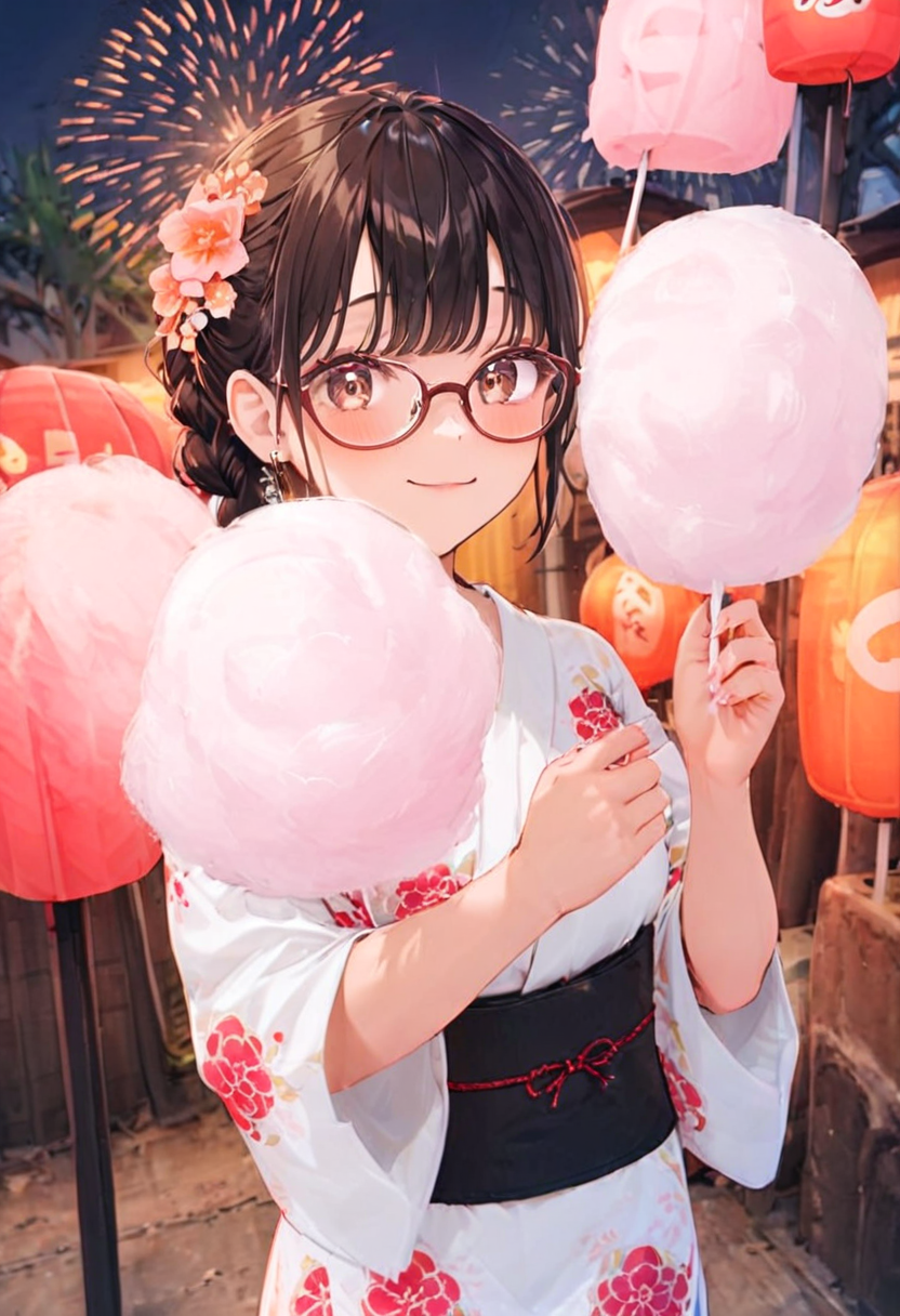 masterpiece, best quality, very aesthetic, absurdres,
cotton candy, 1girl, solo, glasses, black hair, holding, holding food, food, skewer, yukata, hair flower, braid, night, summer, paper lantern, 
 <lora:wataame_SDXL_V1:1>
