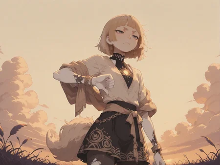 masterpiece,best quality,amazing quality,very aesthetic, absurdres, textured skin, no lineart, no outline, anime style, style of Arthur Rackham, illustration, sharp,
anime coloring, aidmaMJ6.1, HassaKu_illu, LDSCH Style, S4bit4mago_illu,
shadows, pitch black, glowing outline, Broad lighting, , twilight, summer, heat, hot, light brown theme,
1girl, hime_cut, swept_bangs, dark gray eyes, thick eyebrows, toned, pantyhose, flat chest, hollow torso, bracelets, (white skin:1.1), short fluffy tail, burned skin, (solo:1.6),
complex print, shawl,
dark Violet satin arabian V-neck shirt, transparent ornate
front view, wide view, from below,, thumbs down, (character focus, close up:1.2), (solo:1.4),
simple background, colored grass, twisted grass, sky, giant clouds,
<lora:StS-Illustrious-Detail-Slider-v1.0:2> <lora:add-detail-xl:2> <lora:LDSCH:0.8> <lora:ponyv3_ill01_2_adamW:0.8> <lora:anime_screencap:0.4> <lora:S4bit4mago:0.7> <lora:Granblue Fantasy XLV2:0.3> <lora:ppw_v7_Illuv1.0_1_r2:0.4> <lora:HassaKu_style:0.2> <lora:illustrious_quality_modifiers_masterpieces_v1:0.3> <lora:DetailedPerfect_hands_r1:1>