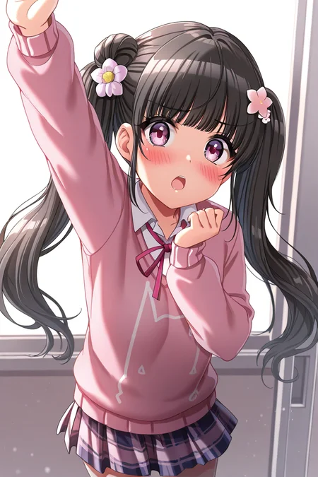 masterpiece, best quality, amazing quality,
 <lora:Michiru_IL:1> michiru, 1girl, twintails, skirt, black hair, solo, hair ornament, hair flower, flower, plaid, open mouth, long hair, sweater, blush, plaid skirt, school uniform, pink sweater, looking at viewer, ribbon, arm up, purple eyes, bangs, pink eyes, casual
