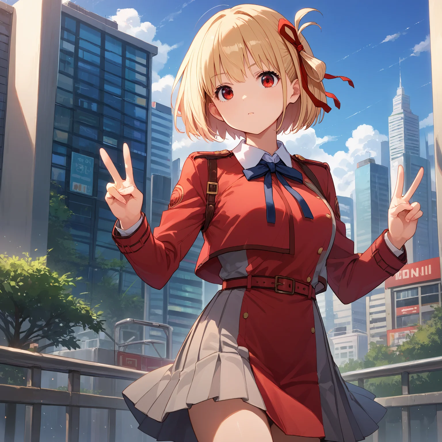 score_9, score_8_up, score_7_up, score_6_up, score_5_up, score_4_up, BREAK source_anime, 1girl, solo, outdoors, city, standing, double v, masterpiece, best quality, high detailed skin, nishikigi chisato, chisato school, short hair, blonde hair, hair ribbon, red eyes, lycoris uniform, two-tone dress, red dress, pleated dress, neck ribbon, belt,