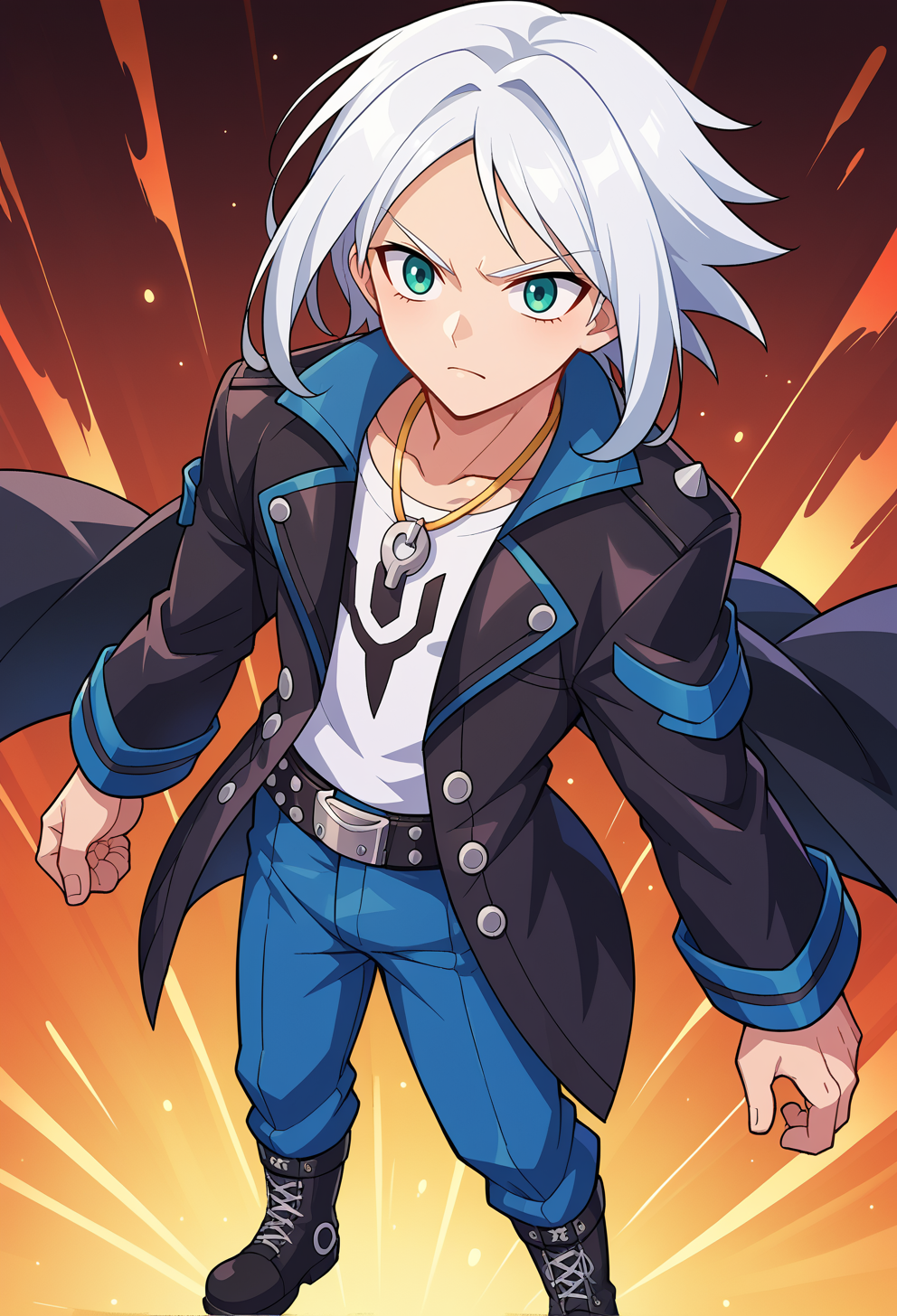 score_9, score_7_up, source_anime, BREAK   <lora:GunvoltMain:1> Azure Striker Gunvolt(Main), solo,, 1boy, teal eyes, tsurime, parted bangs, white hair, medium hair, straight hair, shoulder-length hair, coat, shirt, pants, studded belt, multiple belts, combat boots, torn clothes, necklace, black coat,