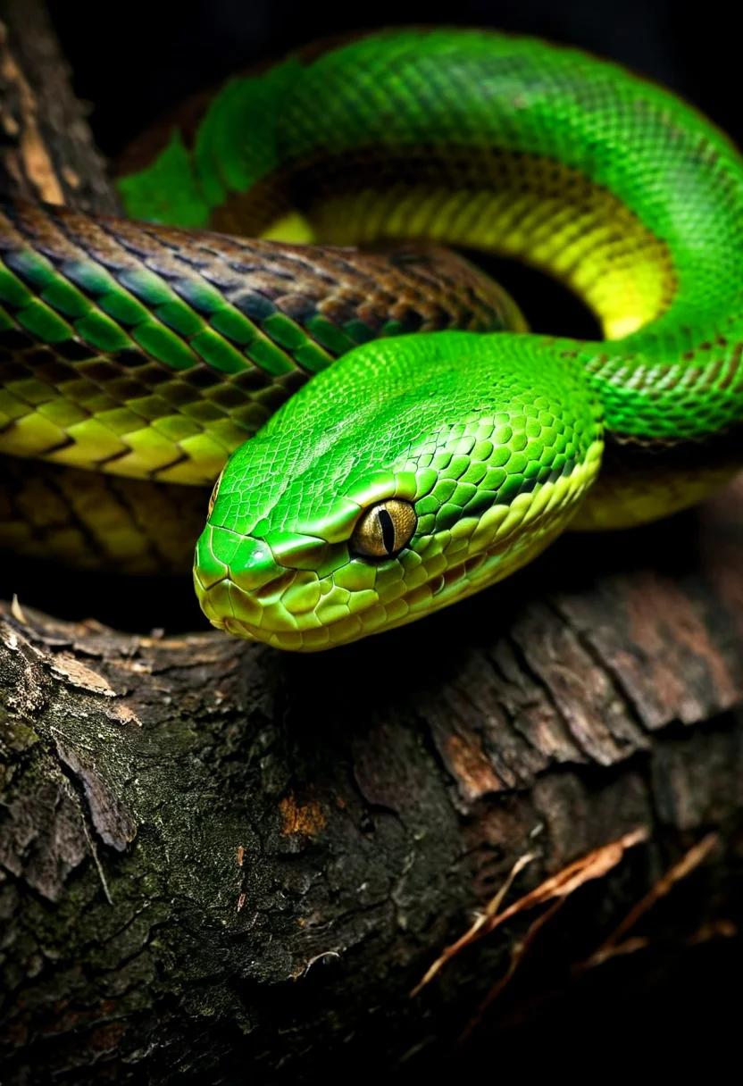 photograph of green snake. snake rings, bark, depth of field, close-up, dark background,
<lora:snake_v1:1>