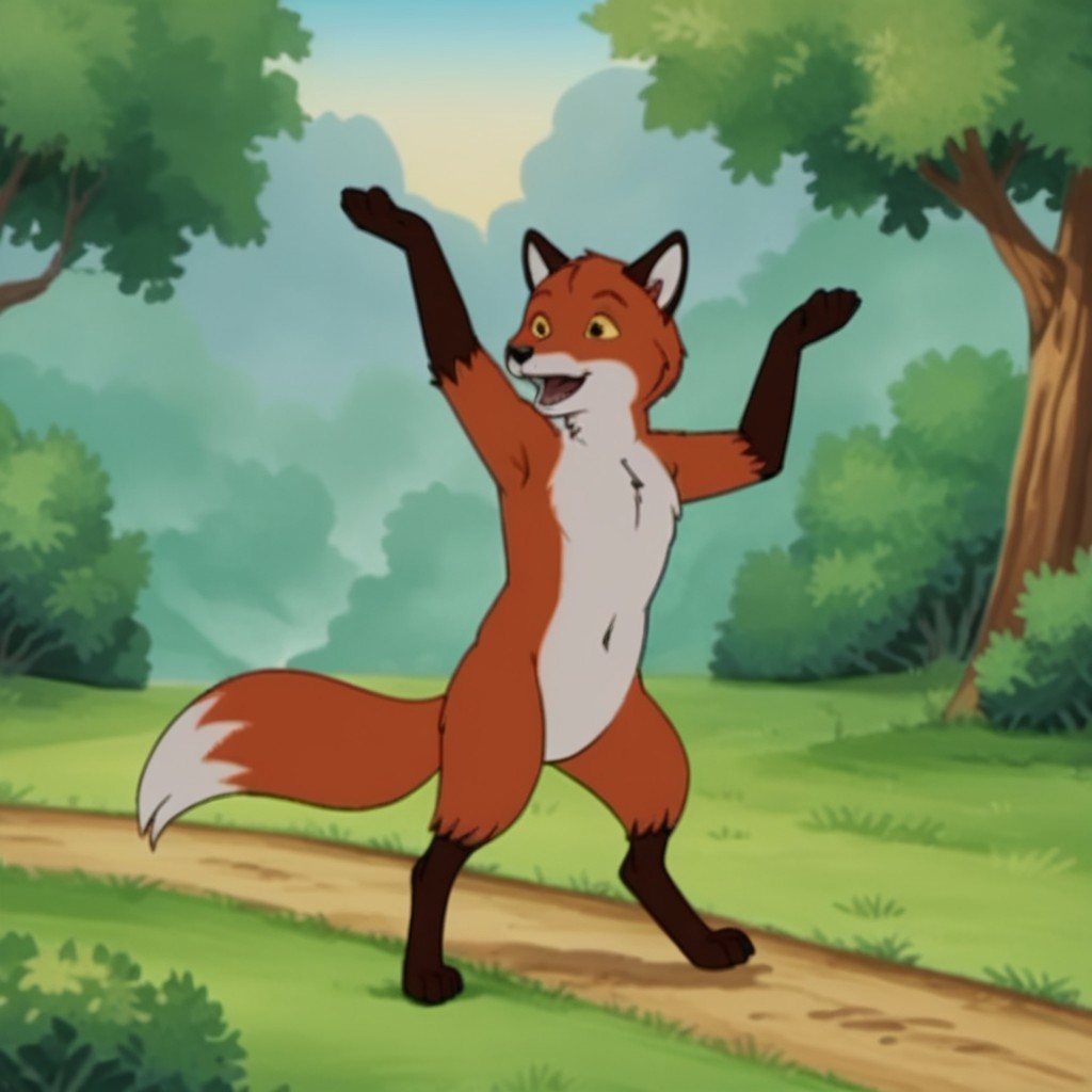 score_9, score_8_up, score_7_up, score_6_up, score_5_up, score_4_up, source_furry, foxfrnkln, semi-anthro, male, fox, red-orange fur, yellow sclera, black eyes, outside, dancing, in a forest