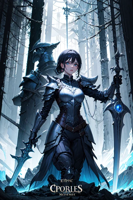 fantasy, epic, movie poster-style illustration, a girl standing in armor, wielding a sword, with a dynamic and magical background, featuring prominent and well-designed typography elements,standing, confident, determined, wielding a sword, epic title, magical forest, glowing runes, bold text
