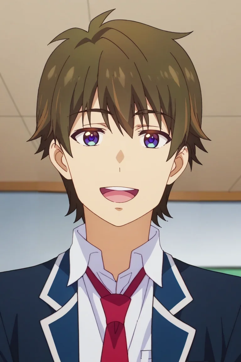 score_9, score_8_up, score_7_up,score_6,score_5,score_4,source_anime,BREAK, rating_safe, intricate details , , , anime screencap, anime coloring, official style, depth of field,1boy, solo, male focus , , ,  <lora:wataru:0.92>,wataru sajo,dark brown hair,purple eyes,short hair,open mouth,smile, shirt, jacket, school uniform, white shirt, upper body, open clothes, teeth, necktie, collared shirt, indoors, open jacket, upper teeth only, blazer, red necktie,looking at viewer,school , , ,<lora:sdxl_lightning_8step_lora_315544:1>