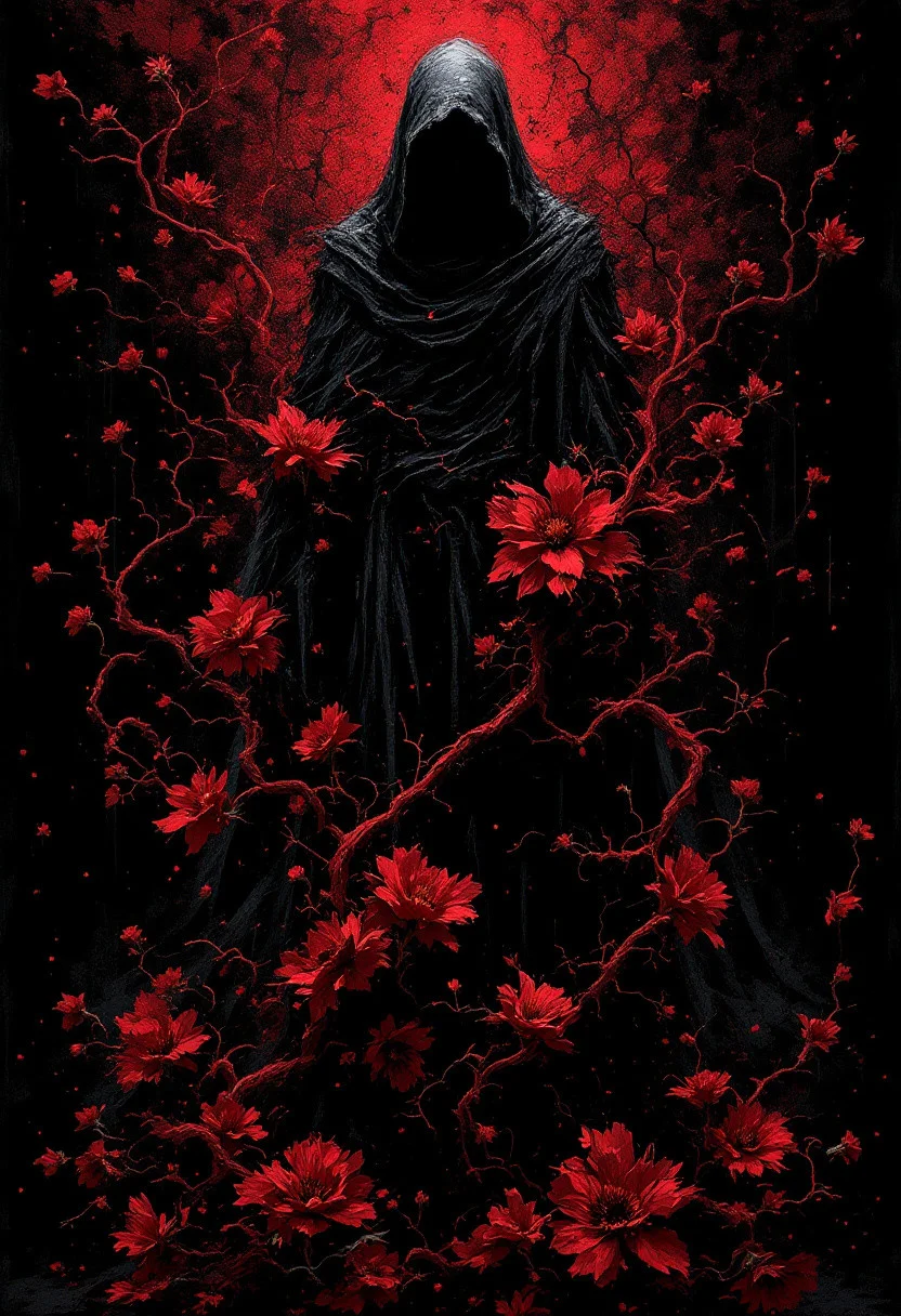 In a cinematic, low-key setting with a black background, an abstract Death Reaper stands amidst a scattering of dark, crimson flowers. The reaper's figure is rendered in bold, textured brushstrokes, as if scraped from a canvas with reckless abandon. The red blooms seem to writhe and twist around the reaper's legs like living darkness, their petals torn and tattered. The overall mood is one of foreboding and unease, the art's complexity and grunge texture evoking a sense of macabre beauty.