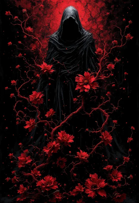 In a cinematic, low-key setting with a black background, an abstract Death Reaper stands amidst a scattering of dark, crimson flowers. The reaper's figure is rendered in bold, textured brushstrokes, as if scraped from a canvas with reckless abandon. The red blooms seem to writhe and twist around the reaper's legs like living darkness, their petals torn and tattered. The overall mood is one of foreboding and unease, the art's complexity and grunge texture evoking a sense of macabre beauty.