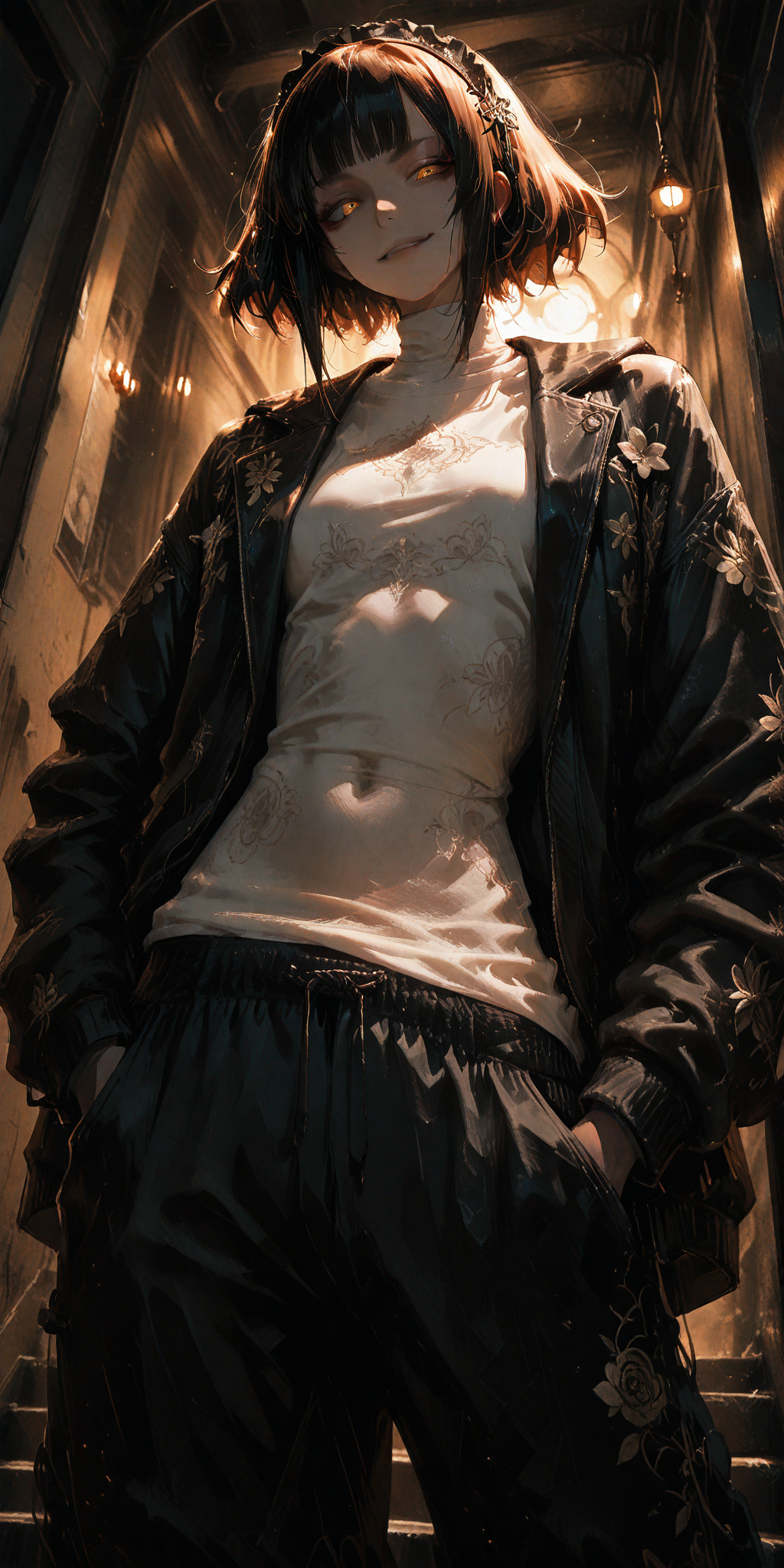 <lora:ponyv6_noobE11_2_adamW:1>,<lora:cfg_scale_boost:0.6>,<lora:Sinfully_Stylish_1.0_for_Illustrious:0.6>,masterpiece,best quality,very aesthetic,looking at viewer,luxury [thug] girl,baggy pants,baggy clothes,leather witt,open jacket,shirt,tiny undershirt,big eyes,Dumb hair,[photo \(medium\):0.8],RTX,cinematic light,light and shadow,skinny,rich girl,headdress,teen,Upward shooting,low angle,floral detail and pattern,dark theme,Pointing at Viewer,<lora:ç»ªå¿ åæ¶æå¾åå½±è´¨æå¢å¼ºV3:0.3>,XUER guangying,skinny,masterpiece,best quality,amazing quality,very aesthetic,absurdres,newest,naughty face,<lora:YTSKX-WAI:0.6>,hand in pocket,<lora:Aurastronger_SDXL:0.8>,<lora:add-detail-xl:0.7>,
