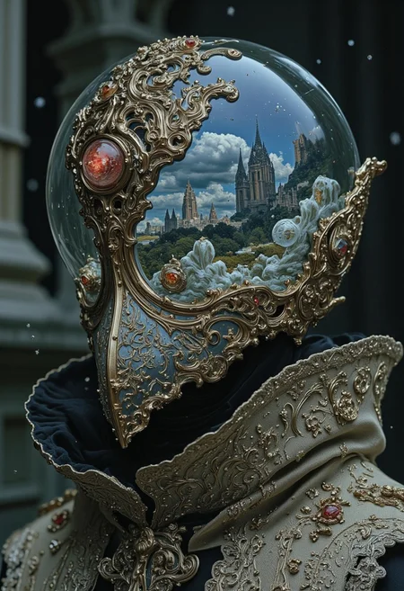 extrem headpiece closeup, Color graded in translucent Neon Pink, Blue, and Green hues, cinematic lighting, insane details, hyperrealistic extreme close-up macro photography, 64-megapixel DSLR. A close-up of a person with a snow globe as their head. Inside the snow globe is a winter wonderland, but there's a dystopian twist to it. The snowy landscape is bleak, with dark, twisted trees and frosty, decaying structures. The snow falls softly, but there's a sense of isolation and despair. The glow from within the snow globe casts eerie, cold light on the person’s face, contrasting with the harsh, desolate world inside the globe. The person’s expression is serene but detached, as if they are trapped within this frozen, dystopian world.
A tall, enigmatic figure stands amidst the ruins of a forgotten temple, their head encased in a cracked, with a staff full of crystals, the crystals are round translucent black-red, translucent sphere filled with suspended golden liquid and glowing symbols. Their high collar cloak, a mix of coarse burlap and torn silk, sways slightly as if touched by an unseen wind. Light filters through broken arches, casting dramatic shadows across the moss-covered stone. Vintage
Ornate
Victorian
Edwardian
Intricate
Lace
Blue
Mask
Otherworldly
Headpiece
Opulent
Pearls
Celestial
Surreal
Baroque
Reflective
Dreamlike
Clouds
Mirror
Metallic
Waves
historical