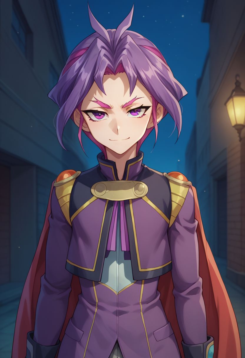score_9, score_8_up, score_7_up, source_anime, highly detailed,
yuri, 1boy, male focus, solo, purple hair, cape, purple eyes, grey pants, antenna hair, looking at viewer, standing, long sleeves, smirk, two-tone hair, multicolored hair,
outdoor, street, futuristic, night, upper body, frown