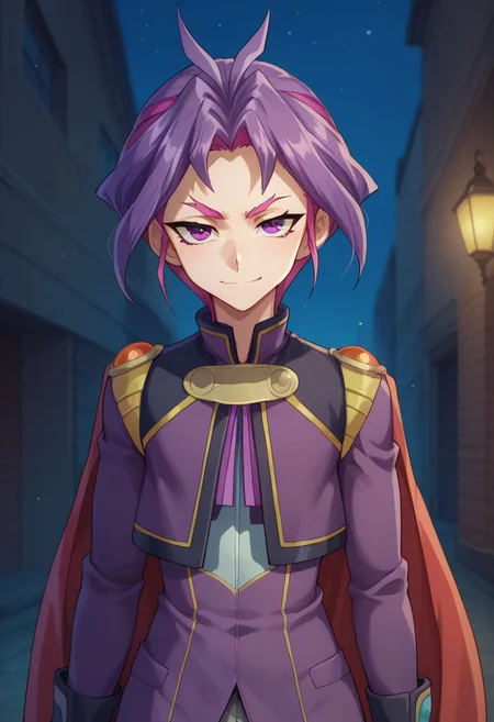 score_9, score_8_up, score_7_up, source_anime, highly detailed,
yuri, 1boy, male focus, solo, purple hair, cape, purple eyes, grey pants, antenna hair, looking at viewer, standing, long sleeves, smirk, two-tone hair, multicolored hair,
outdoor, street, futuristic, night, upper body, frown