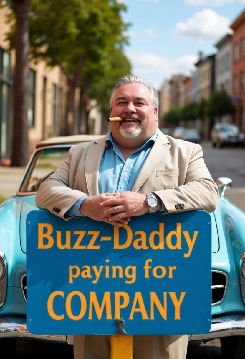 photorealistic, photo of a 60yo fat man with gelled hair and an arogant smile in a linen suit, holding a cigar in between two fingers, Standing infront of a old mercedes convertible, locking in the camera, holding a pole with a blue sign with text in golden letters:"Buzz-Daddy paying for company"