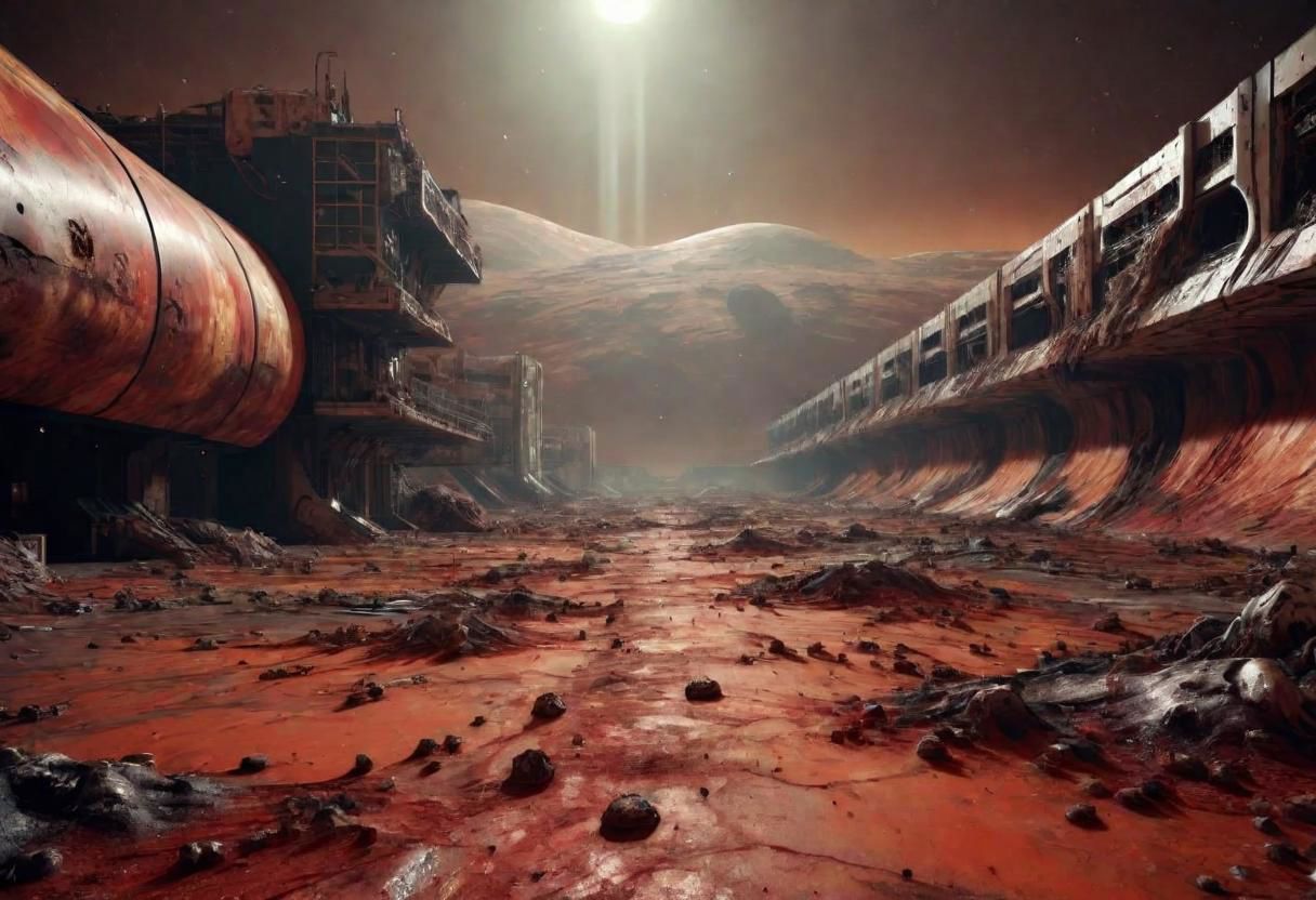 EdobHorrorLandscape,
A landscape of a deserted mars base,
hopeless, nightmare, 
trash, corpses, blood,
HDR, HD textures, intricated details, 8k,