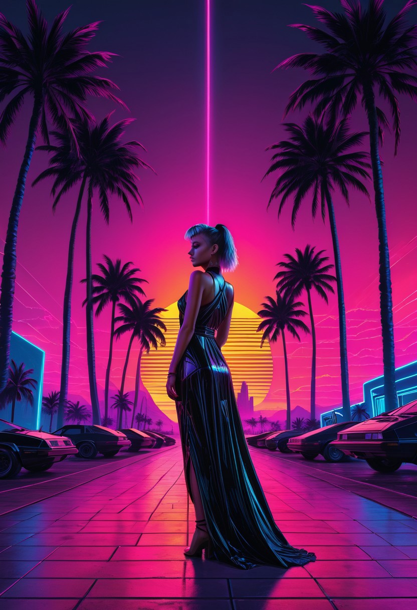 synthworld, synthwave, cyberpunk girl, long dress, neon lights, black palm trees, sunset