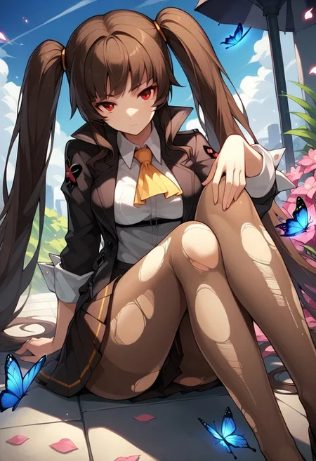 score_9,score_8_up,score_7_up,source_anime, Lily Bloommerchen,1girl,solo,long hair,breasts,looking at viewer,bangs,skirt,brown hair,shirt,red eyes,twintails,medium breasts,sitting,jacket,white shirt,flower,pantyhose,pleated skirt,lying,open clothes,collared shirt,open jacket,black jacket,torn clothes,black pantyhose,petals,ascot,bug,butterfly,torn pantyhose,blue butterfly,torn jacket,