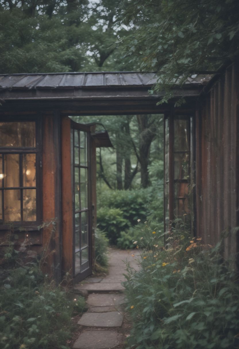 (masterpiece, 4k, medium format photo, bokeh, natural film grain) In the heart of the desolate metropolis, where towering structures of rusted steel and shattered glass stood as monuments to a forgotten era, a shipping container modernist house, beautiful interior nestled in the woods, The air was thick with life and awe, verdant nature, yet within the cottage, the hearth crackled with warmth, casting flickering shadows on the  walls. The garden, a riot of wildflowers and vines enchant viewers, swirly bokeh