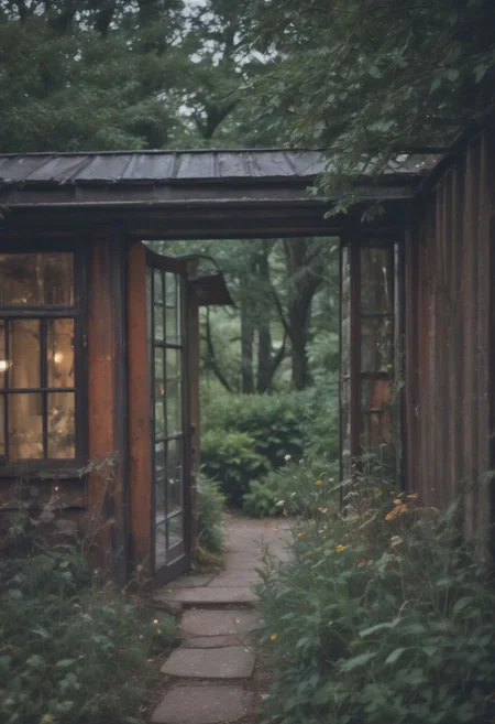 (masterpiece, 4k, medium format photo, bokeh, natural film grain) In the heart of the desolate metropolis, where towering structures of rusted steel and shattered glass stood as monuments to a forgotten era, a shipping container modernist house, beautiful interior nestled in the woods, The air was thick with life and awe, verdant nature, yet within the cottage, the hearth crackled with warmth, casting flickering shadows on the walls. The garden, a riot of wildflowers and vines enchant viewers, swirly bokeh