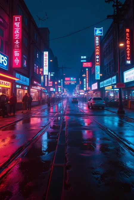 Scene photography with an ultra-realistic city nightscape background, illuminated by neon lights. The wet asphalt reflects the glow, creating a high-gloss effect. Captured in an ultra-wide-angle, panoramic view with a strong cinematic atmosphere. Rendered in 16K using Unreal Engine, featuring precise structures, and a stylish, dynamic reflections, high-tech aesthetic