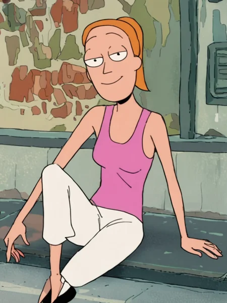 , looking at viewer, alien world,<lora:SummerPony1.0:1.0>,summer.smith, orange hair, 1girl, ponytail, solo, pink tank top, white pants, smile,sitting, score_9, score_8_up, score_7_up, score_6_up