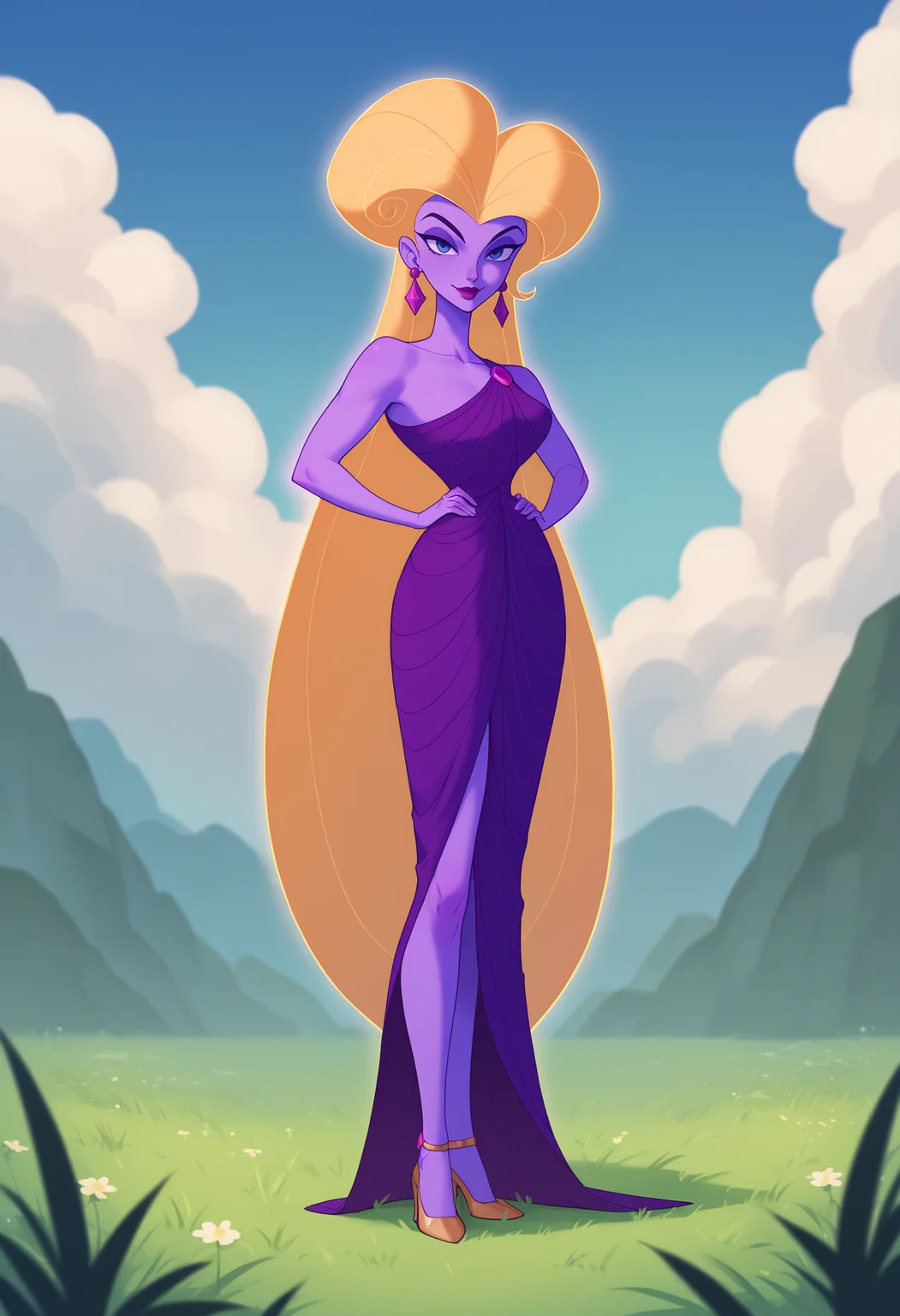 score_9, score_8_up, score_7_up, score_6_up, score_5_up, score_4_up, BREAK,
1girl, aphrodite, blonde hair, long hair, blue eyes, purple skin, colored skin, earrings, lipstick, makeup,
purple dress, high heels,
hands on hips, looking at viewer, full body, smile, solo, grass, blue sky, moutains background <lora:AphroditeXL:1>