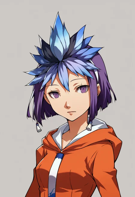 score_9, score_8_up, score_7_up, source_anime, BREAK, solo, 1girl, looking at viewer, <lora:Amane-pdxl_Fp:1>, amanedesu, purple eyes, purple hair, short hair, hair ornament, orange dress, hood, long sleeves, necktie, <lora:P4-Portraits-pdxl_Fp:1>, simple background, portrait,