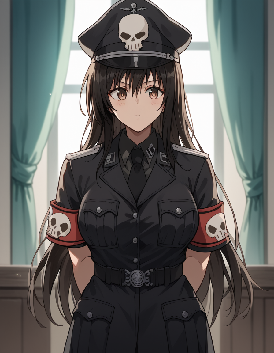 score_9, score_8_up, score_7_up, source_anime, <lora:yui-kotegawa-darkness-ponyxl-lora-nochekaiser:1>, yui kotegawa, black hair, brown eyes, long hair, large breasts, <lora:warden-ponyxl-lora-nochekaiser_r1:1>, skull hat ornament, uniform, military uniform, black uniform, hat, cap, black cap, armband, collared shirt, black necktie,, indoors, hands behind back,, cowboy shot,