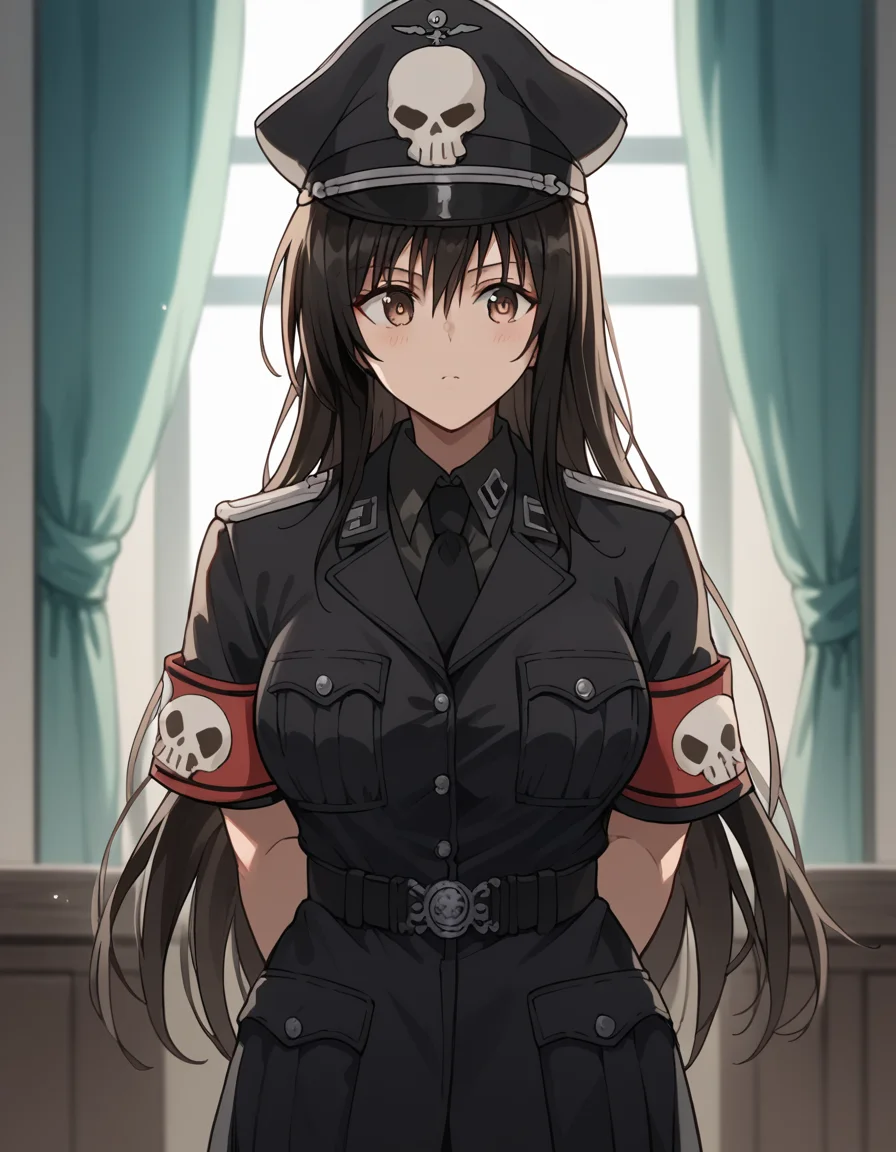 score_9, score_8_up, score_7_up, source_anime, <lora:yui-kotegawa-darkness-ponyxl-lora-nochekaiser:1>, yui kotegawa, black hair, brown eyes, long hair, large breasts, <lora:warden-ponyxl-lora-nochekaiser_r1:1>, skull hat ornament, uniform, military uniform, black uniform, hat, cap, black cap, armband, collared shirt, black necktie,, indoors, hands behind back,, cowboy shot,