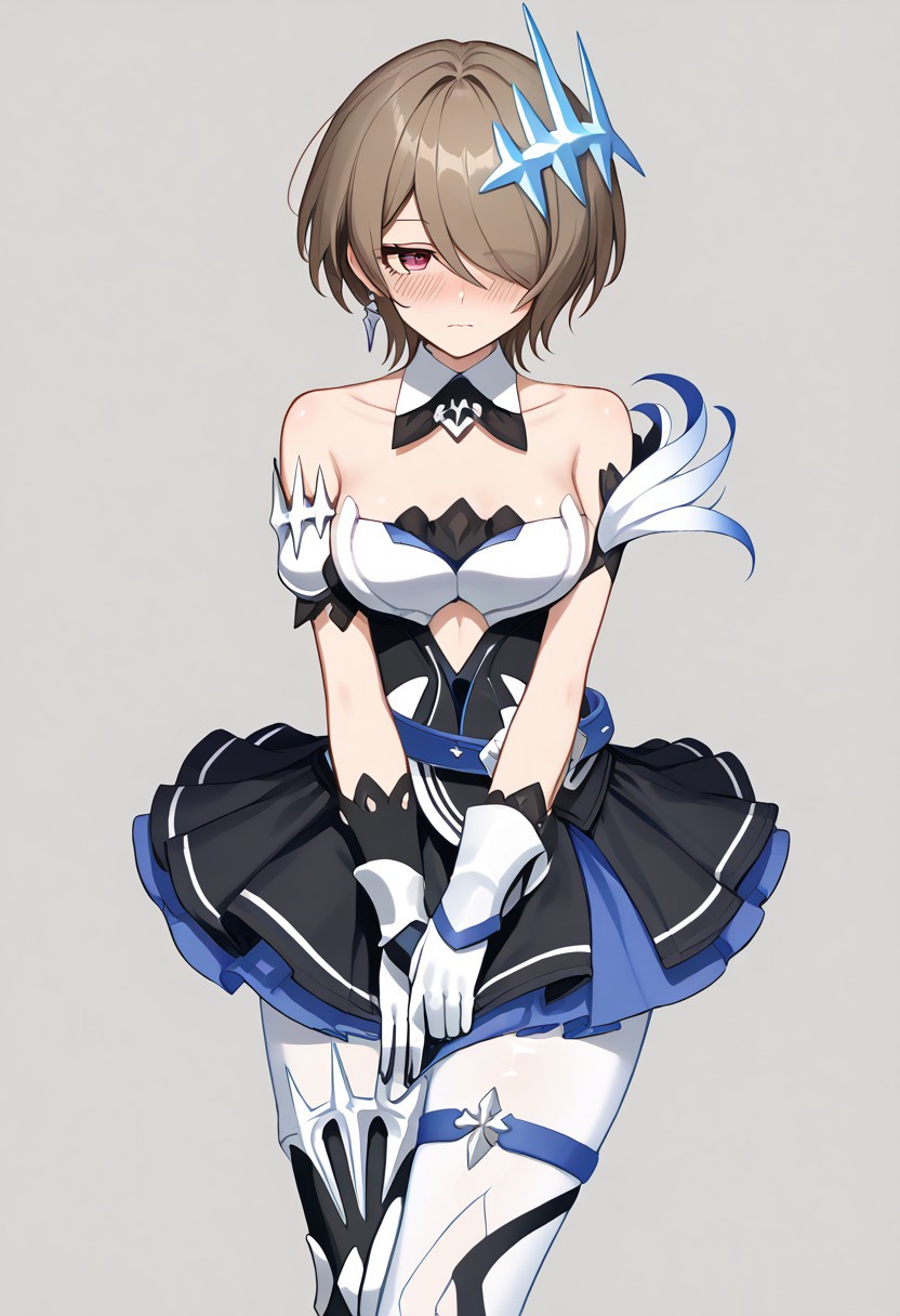 score_9, score_8_up, score_7_up, 1girl, solo, RitaRossweisse, brown hair, short hair, hair over one eye, red eye, medium breasts, hair ornament, belt, blue belt, breastplate, white breastplate, center opening, clothing cutout, side cutout, strapless, strapless shirt, detached collar, black and blue shirt, layered skirt, black and blue skirt, miniskirt, asymetrical gloves, white and blue gloves, thigh band, arm bands, white pantyhose, skirt tug, fluttering skirt, bashful, shy, brushing hair, half-lid eyes, blushing, wind lift, dress_tug