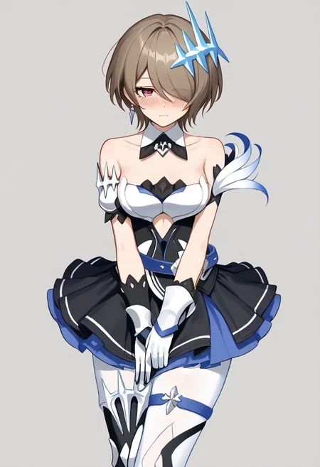 score_9, score_8_up, score_7_up, 1girl, solo, RitaRossweisse, brown hair, short hair, hair over one eye, red eye, medium breasts, hair ornament, belt, blue belt, breastplate, white breastplate, center opening, clothing cutout, side cutout, strapless, strapless shirt, detached collar, black and blue shirt, layered skirt, black and blue skirt, miniskirt, asymetrical gloves, white and blue gloves, thigh band, arm bands, white pantyhose, skirt tug, fluttering skirt, bashful, shy, brushing hair, half-lid eyes, blushing, wind lift, dress_tug