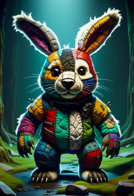 hyper detailed masterpiece, dynamic realistic digital art, awesome quality,DonMFr4nk3nst31nXL sewn together patchwork abomination rabbit-bear, small stocky, illusive cute agile timeless unaging awesome fairytale creature, still,squirting,intense,enthralling,artistic,risk-taking , hyper detailed masterpiece, dynamic realistic digital art, awesome quality,sterile undertow,transformative frontier of fantasia,liquid utopia of understanding screen space ambient occlusion (ssao),sinkhole, fluid,warm,collaborative,bifurcated,hygge,rocky terrain,charming,traditional crafts, , sinister, eerie <lora:DonMFr4nk3nst31nXL-000008:0.8>