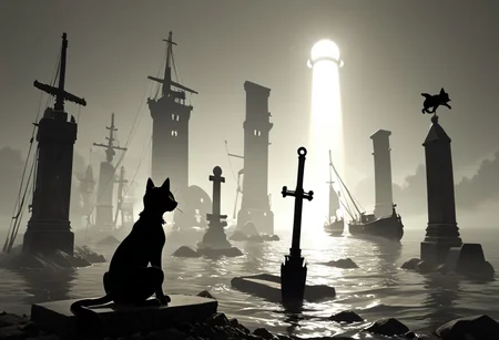 (masterpiece), (score_9, score_8_up, score_7_up,source_anime), 4K8K,
cat, focus. punk,
(scope view, far view), (silhouette cat, black and white cat, tuxedo cat, solo), (solo:1.3), (sitting), scenery,
(leather culottes), (backlighting, silhouette:1.3),
outdoors, (Viking Ship, graveyard, A battered ship that ran aground),
<lora:harada_miyuki_style:1>
<lora:backlighting-000001:1>