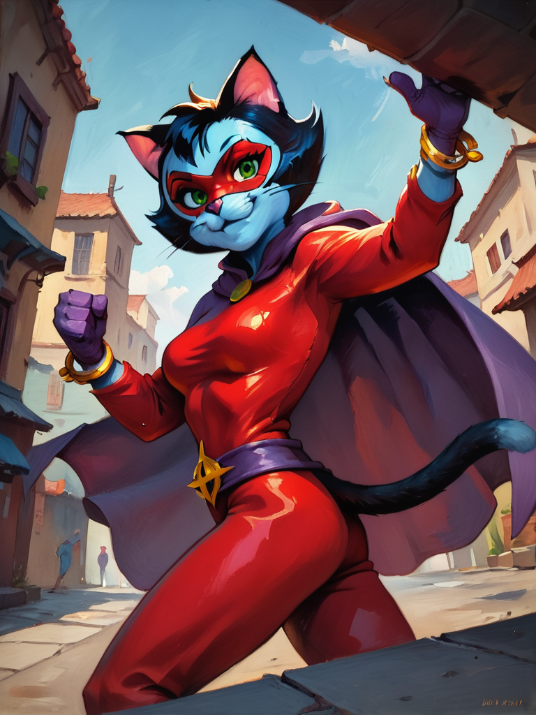 score_9, score_8_up, score_7_up, score_6_up, 1girl, fighting stance, cute pose, city, smile, looking at viewer, smile, cowboy shot, (dynamic pose:1.1), dynamic angle, sexually suggestive, from side, from below,
 <lora:AlleyKat_character:0.85>, Alleykat, cat ears, furry female, tail, short hair, black hair, colored skin, red bodysuit, waist belt, purple gloves, purple cape, purple mask, green eyes, bracelet, <lora:Eldritch Oil Style LoRA_Pony XL v6:0.7> oil painting, traditional media, realistic,,