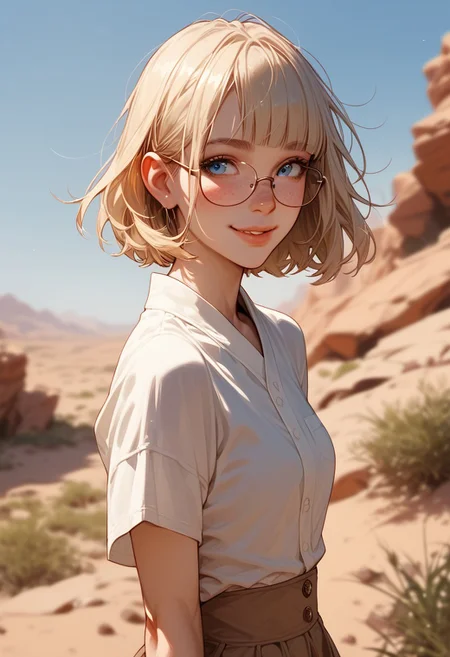 score_9, score_8_up, score_7_up, score_6_up, score_5_up, score_4_up, 1girl, (score_9, score_8_up:1.1), score_7_up, short blonde hair, blunt bangs, blue eyes, big squared eyeglasses, small breasts, slim, pale skin, freckles, standing, shy smile, closed lips, desert