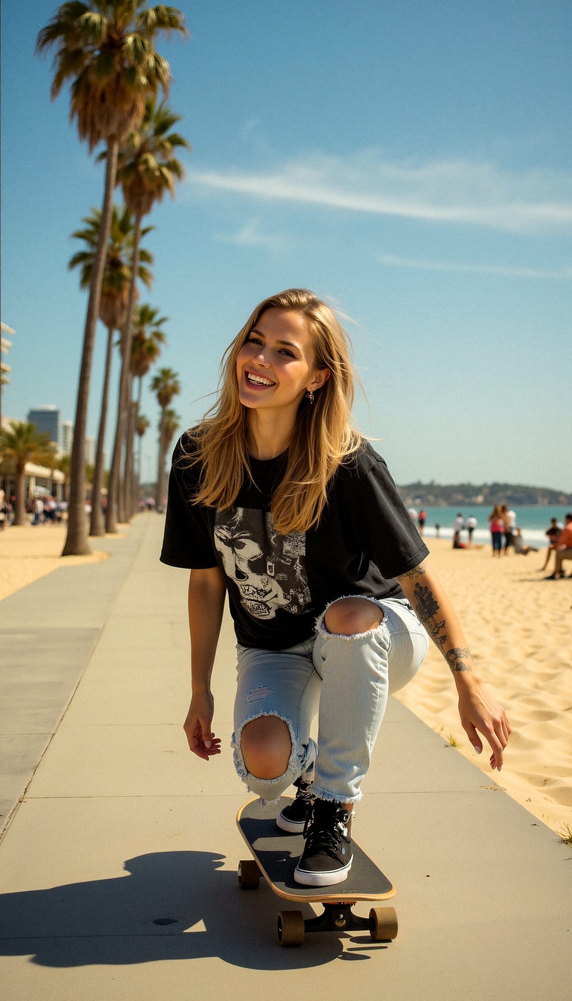 "A hyper-realistic scene of a woman skillfully skateboarding along a sunny beachside walkway. She crouches low, her body leaning into the motion, with her tattooed arm extended for balance. Her outfit includes a black graphic t-shirt, ripped light denim jeans, and worn black skate shoes. The vivid setting features tall palm trees, golden sand, and a deep blue sky, with subtle reflections of sunlight glinting off the pavement. Her windblown hair and joyful expression capture the carefree energy of the moment."
 <lora:Bombshell_Bimbo_-_FLUX:0.4> <lora:MoriiMee_Gothic_Niji_Style_FLUX:0.5>
