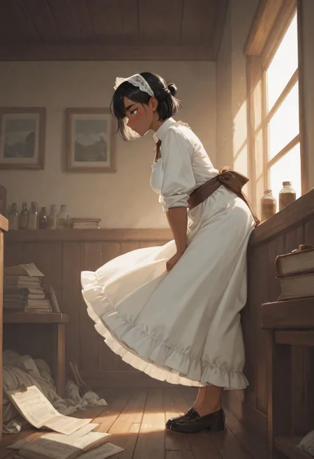 SmoothNoob_Quality, 1girl, mature, short hair, dark skin, black hair, half updo, lace-trimmed hairband, dynamic pose, thick eyebrows, green eyes, detailed eyes, blush, vintage dress, maid dress, white dress, puffy sleeves, sleeves rolled up, frilled dress, brown sash, bow on back, apron, cloth shoes, old-fashioned clothing, old room, messy room, vintage interior, wooden floor, cluttered shelves, bottles, scrolls, tools, parchment, books, cozy atmosphere, rustic decor, sunlight through window, light rays, warm lighting, from side, side view, <lora:SmoothStyle_Lambda:1>