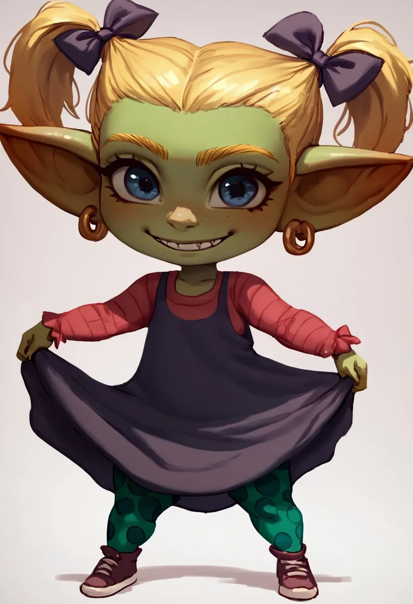 score_9, score_8, score_7, cute,smile, pose, full body, solo, 1girl. blonde hair, twintails, dress, hair bow, polka dot leggings,
GobGirl, green skin, short, long ears, large ears, piercings, colored skin, monster_girl, pointy ears, goblin, shortstack, long pointy ears, earrings,