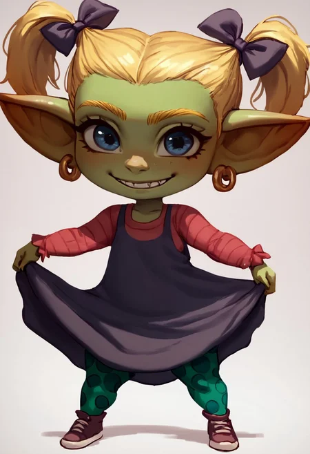 score_9, score_8, score_7, cute,smile, pose, full body, solo, 1girl. blonde hair, twintails, dress, hair bow, polka dot leggings,
GobGirl, green skin, short, long ears, large ears, piercings, colored skin, monster_girl, pointy ears, goblin, shortstack, long pointy ears, earrings,