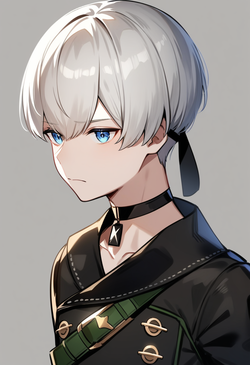 masterpiece,best quality,very aesthetic,absurdres,<lora:9s_a3:1>,9s_\(nier:automata\), simple_background, male_focus, upper_body, grey_background, commentary_request, solo, 1boy